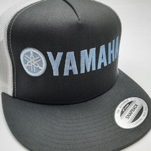 Yamaha Racing Flat Bill Cap Hat Trucker Mesh Snapback Gray White Tuning Fork MX